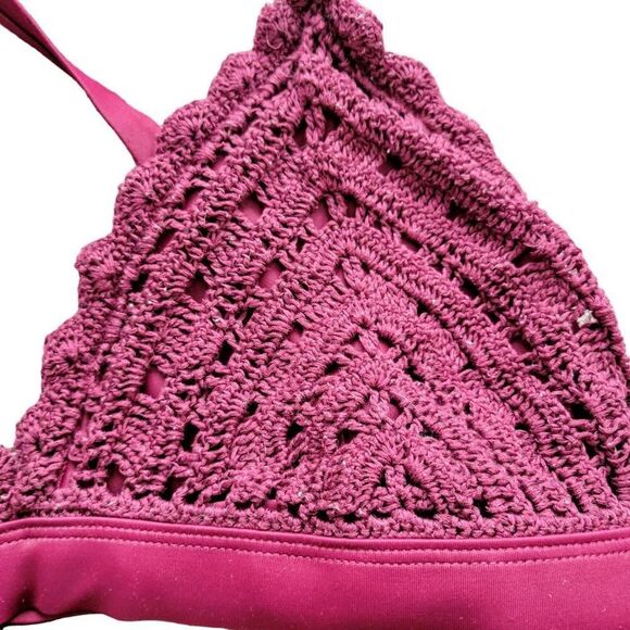 Bikini Top 70s Crochet Burgundy Bathing Swim Suit Festival Rave - Picture 2 of 5